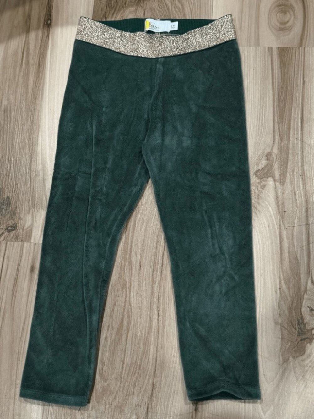 Mini Boden Girls Green Velour Leggings Sparkly Gold Waistband 5-6Y